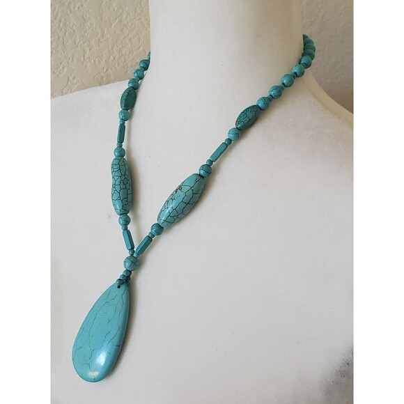 Southwestern Turquoise Stone Necklace 17 inch Long Polished Bead Pendant Howlite - Picture 2 of 6